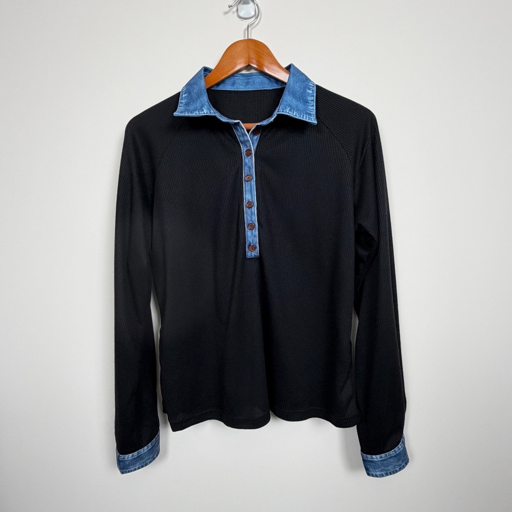Unbranded Henley Top Women L Black Ribbed Denim Collar Long Sleeve Mixed Media